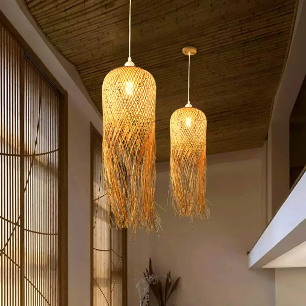 Bamboo Dome Pendant Light with Fringe Detail Natural Wood Scandinavian Design Dining Room Living Room E26 E27 | Sansoti