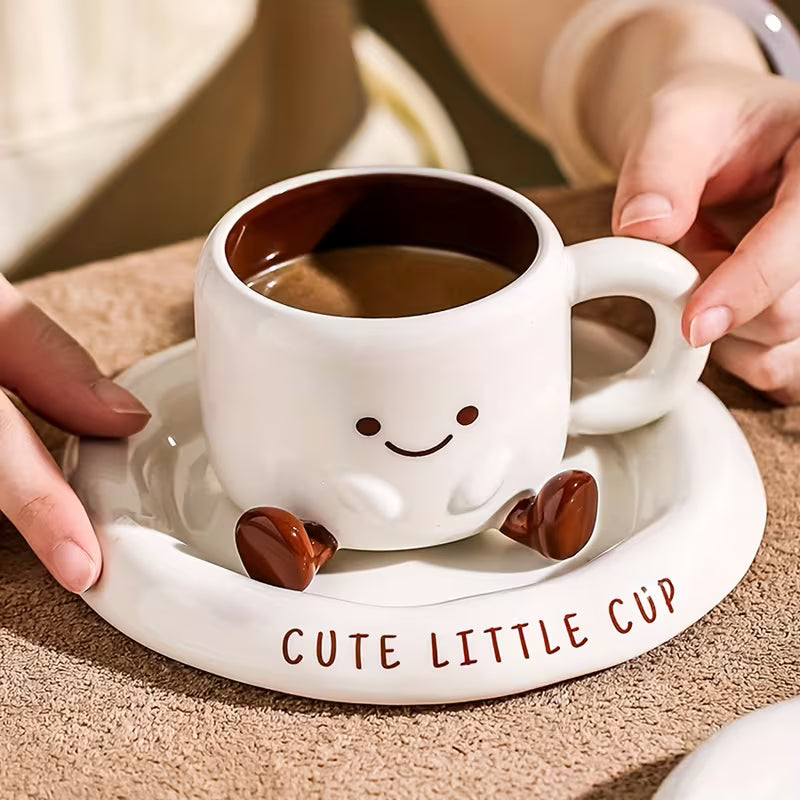 Kaffeetasse mit Untertasse Keramik Handbemalt Cartoon Gesicht Weiß Braun 250ml | Sansoti