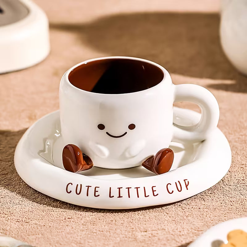 Coffee Cup with Saucer Ceramic Hand-Painted Cartoon Face White Brown 250ml | Sansoti
