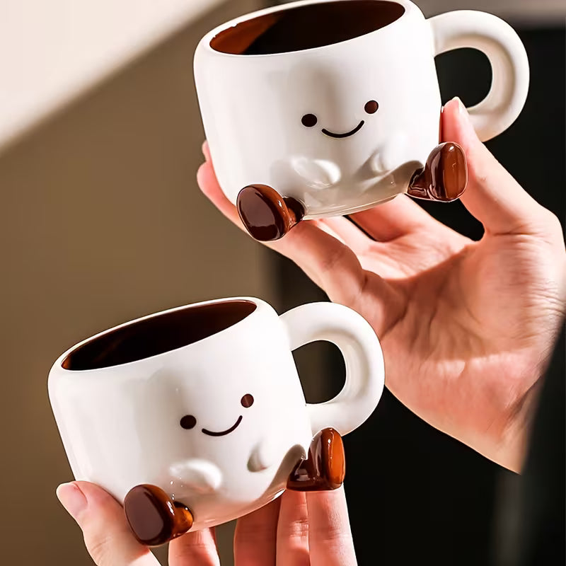 Coffee Cup with Saucer Ceramic Hand-Painted Cartoon Face White Brown 250ml | Sansoti
