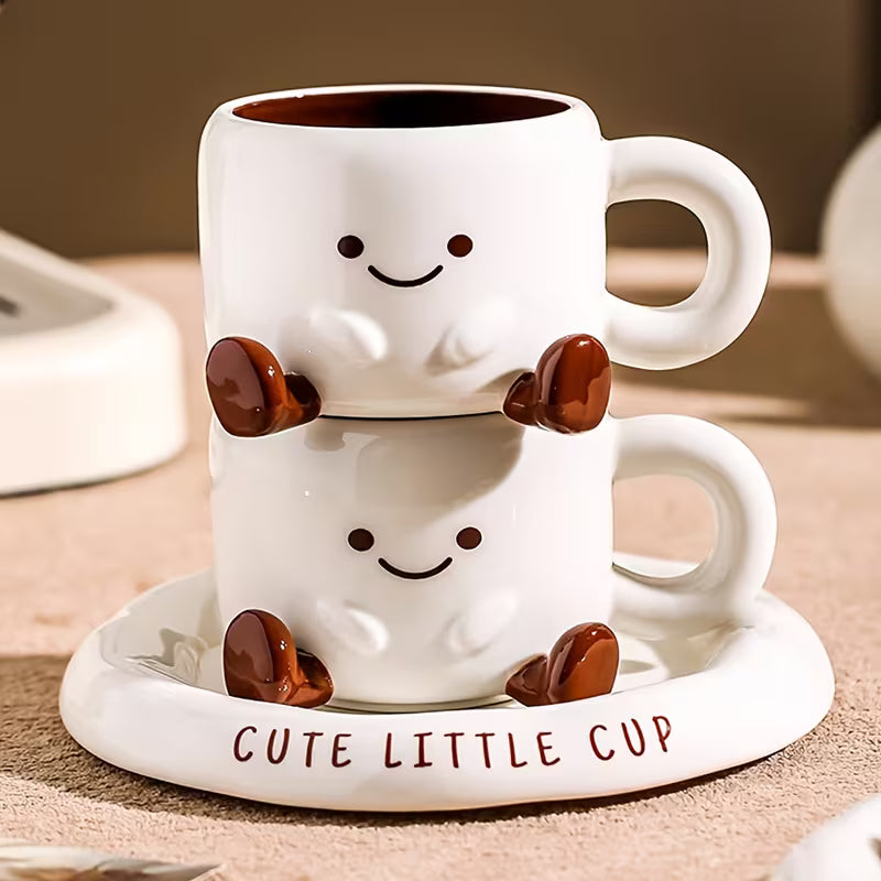 Coffee Cup with Saucer Ceramic Hand-Painted Cartoon Face White Brown 250ml | Sansoti