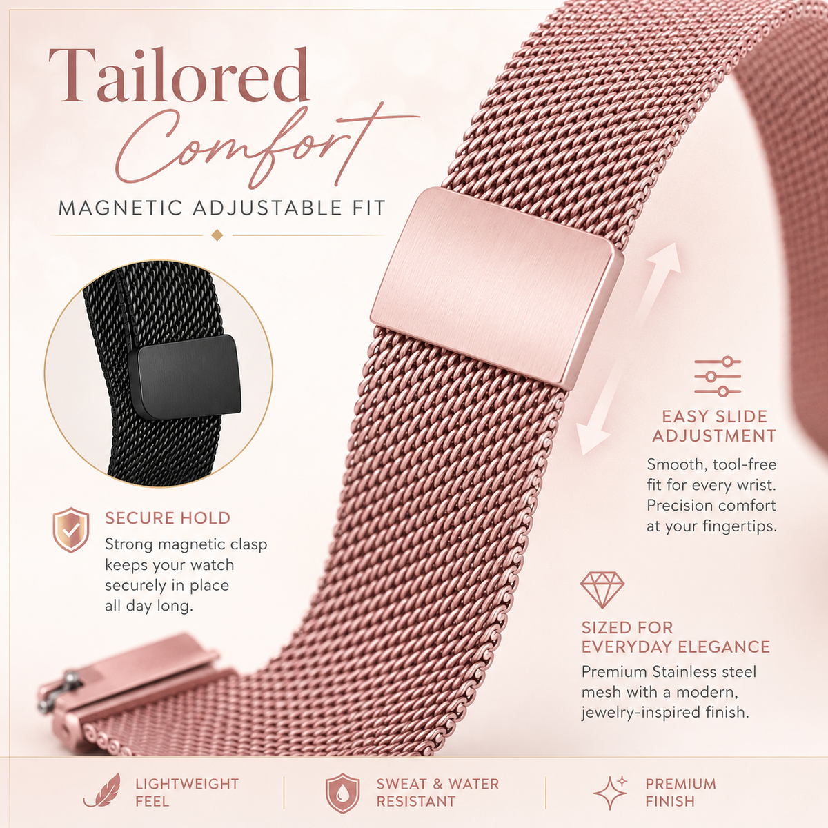 Milanese Mesh Horlogeband Roestvrij Staal Quick-Release Verstelbaar Polsband Smartwatch Accessoire Stijlvol | Sansoti