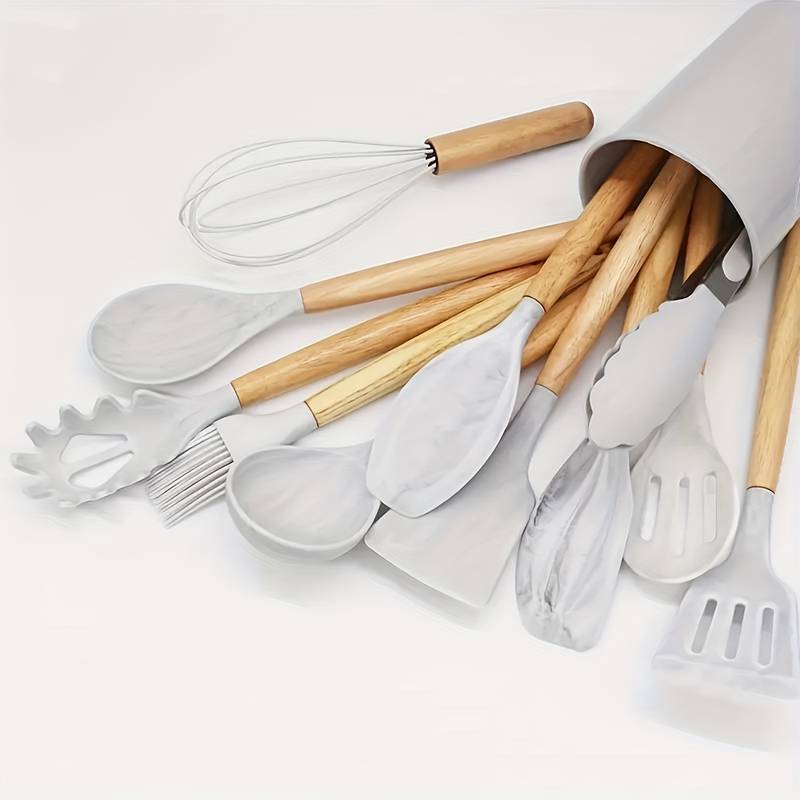12-Piece Kitchen Utensil Set Silicone Wood Accent Heat-Resistant 230°C Non-Stick Cooking Spoons Spatula Kitchen | Sansoti