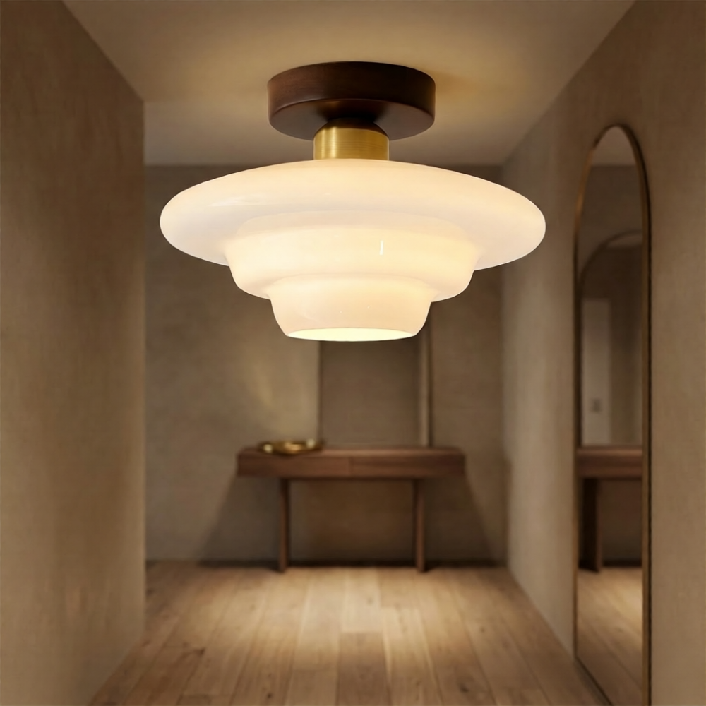 Ceiling Light Wood and Glass – Round Walnut Wood Ceiling Light with Copper, E27 – ⌀ 28/30/32 cm for Hallway, Corridor, Kitchen and Dining Room | Sansoti