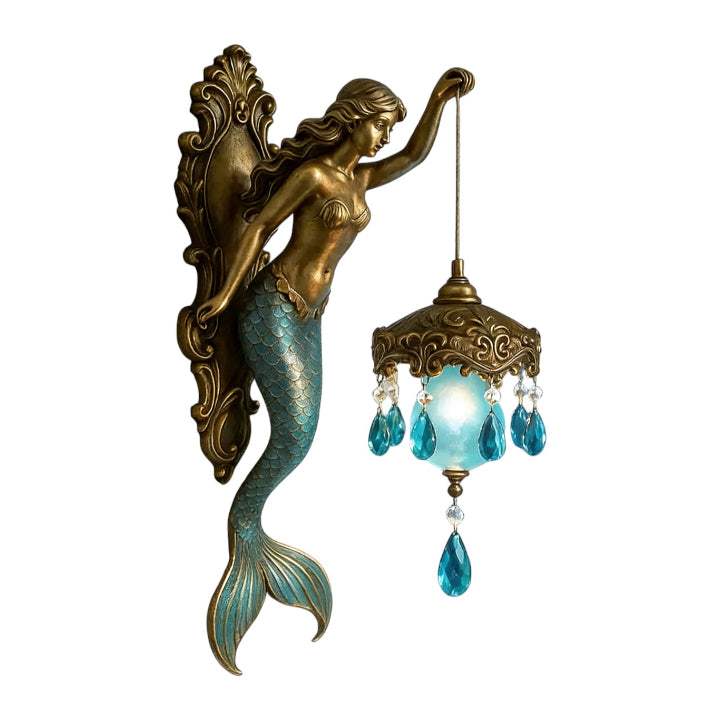 Lampa ścienna Syrena, żywica syntetyczna, szkło i kryształ, 20cm, do sypialni, przedpokoju i salonu, oświetlenie nastrojowe, dekoracyjna lampa ścienna do wnętrz | Sansoti