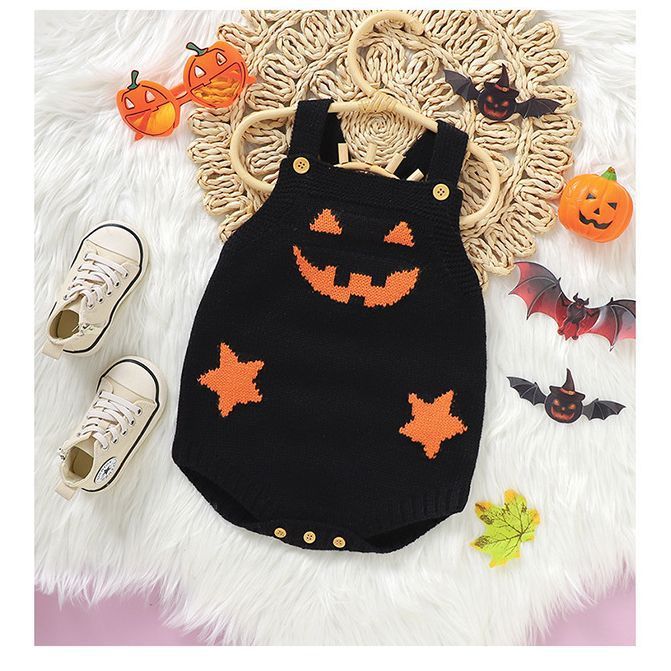 Gebreide Baby Romper Pompoenprint Mouwloos Jumpsuit Verstelbare Schouderbandjes Zomer Babykleding Speelpak | Sansoti