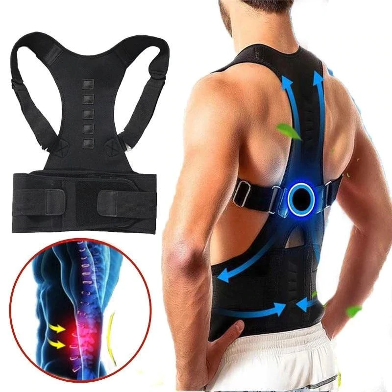 Magnetic Back Brace Adjustable Black White Posture Correction Unisex for Home Office Daily Use | Sansoti
