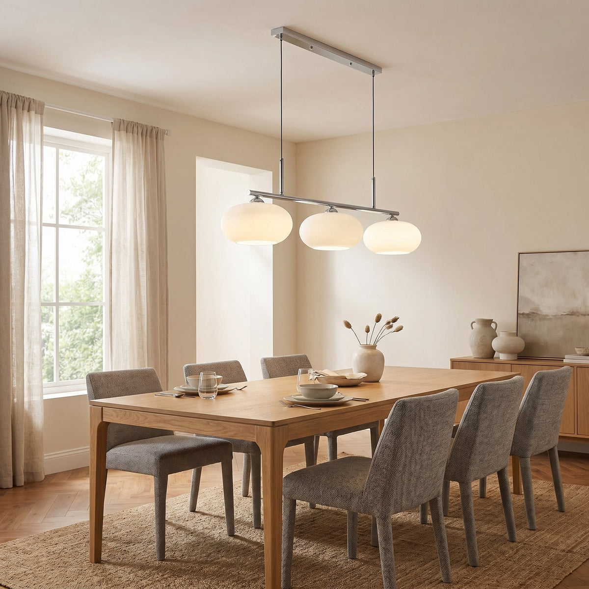 Geometrische Pendelleuchte mit 3 Leuchten, Metall und Glas, für Esszimmer und Kücheninsel, verstellbar, modernes skandinavisches Design | Sansoti