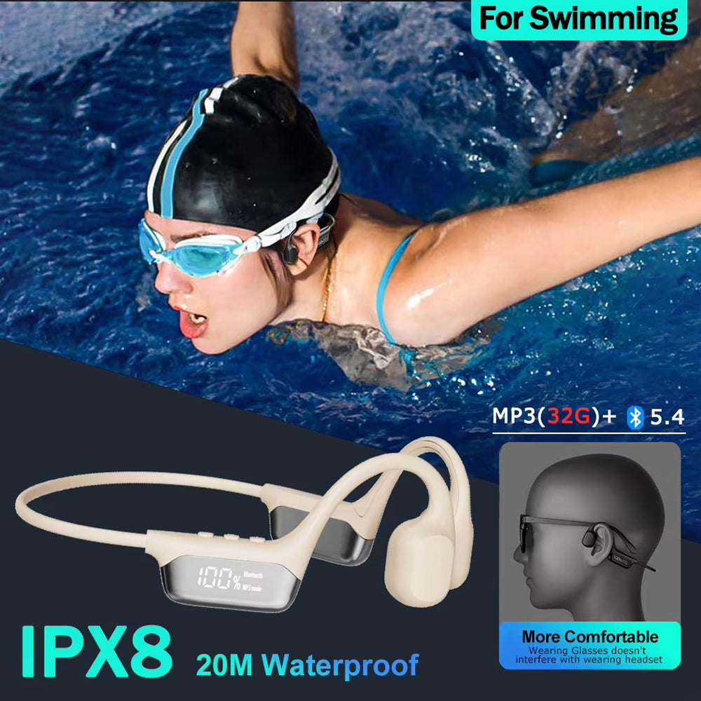 Écouteurs de natation étanches à conduction osseuse 32GB IPX8 avec audio surround 360° pour piscine, plongée et sports nautiques | Sansoti