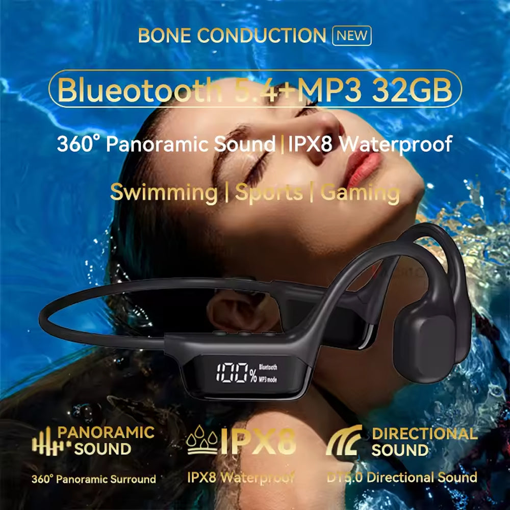 Écouteurs de natation étanches à conduction osseuse 32GB IPX8 avec audio surround 360° pour piscine, plongée et sports nautiques | Sansoti