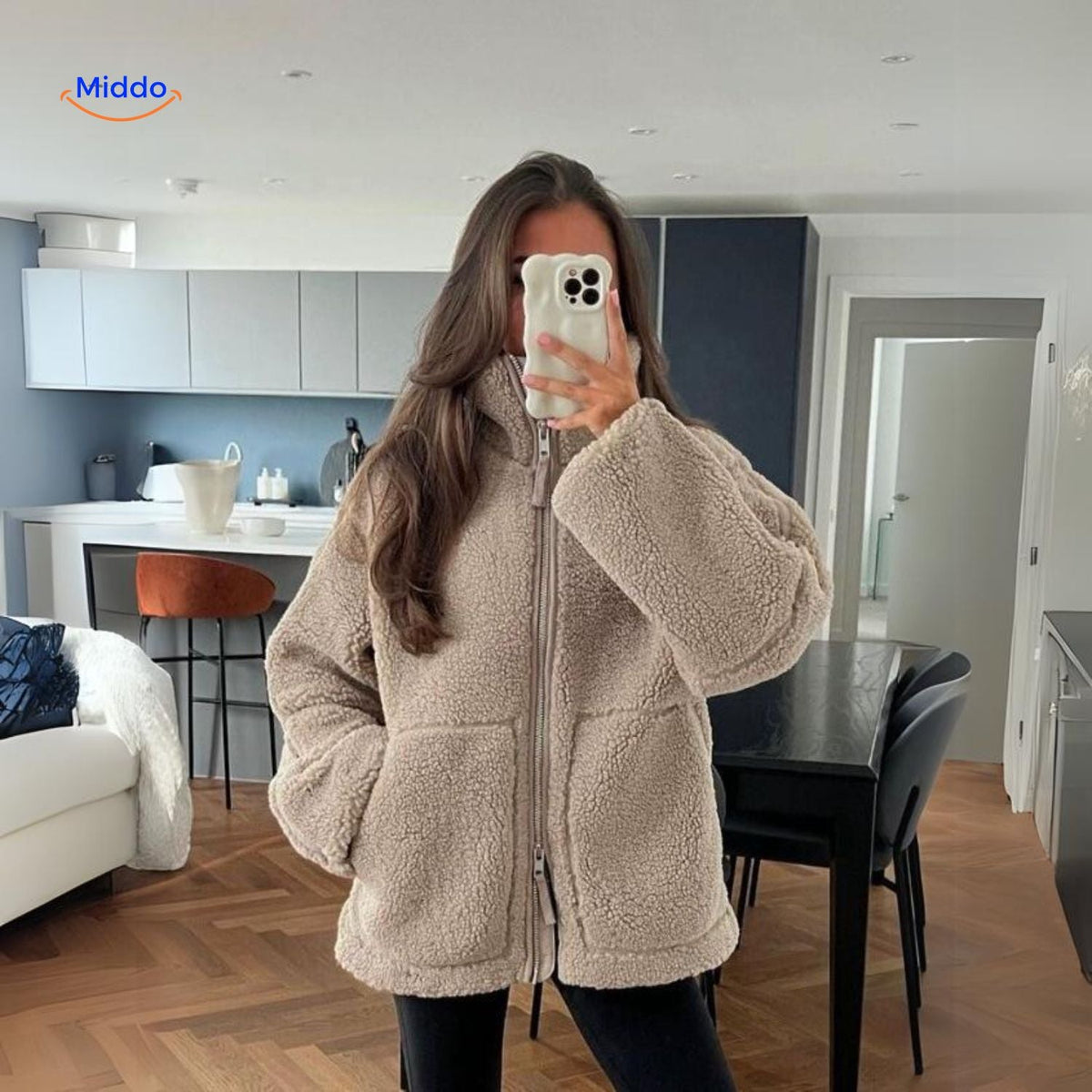 Teddy Winterjas Dames met Hoge Kraag - Zachte Lamswol Imitatie Jas - Beige Bruin Khaki - Warm Wintermodel | Sansoti