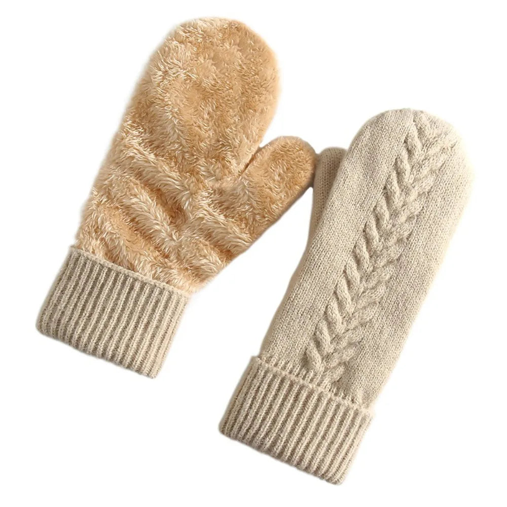 Doppellagige Fäustlinge mit Fleecefutter, Winterhandschuhe für Damen, warme Strickfäustlinge für den Wintersport | Sansoti