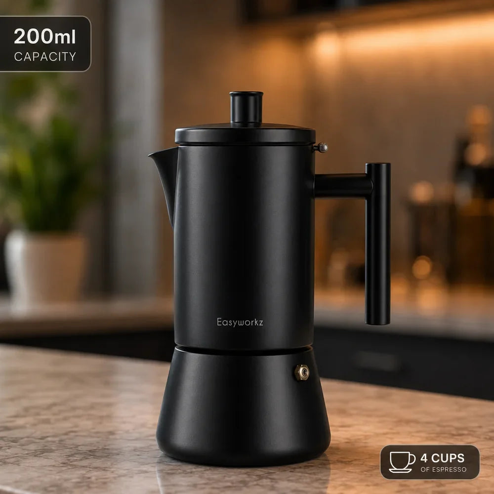 Black Stainless Steel Espresso Percolator 200–500ml Induction-Compatible Coffee Maker Italian Moka Pot for Home and Office | Sansoti