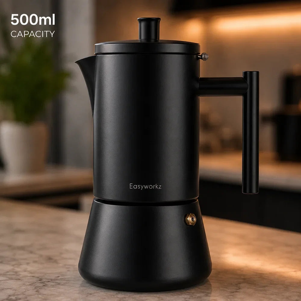 Black Stainless Steel Espresso Percolator 200–500ml Induction-Compatible Coffee Maker Italian Moka Pot for Home and Office | Sansoti