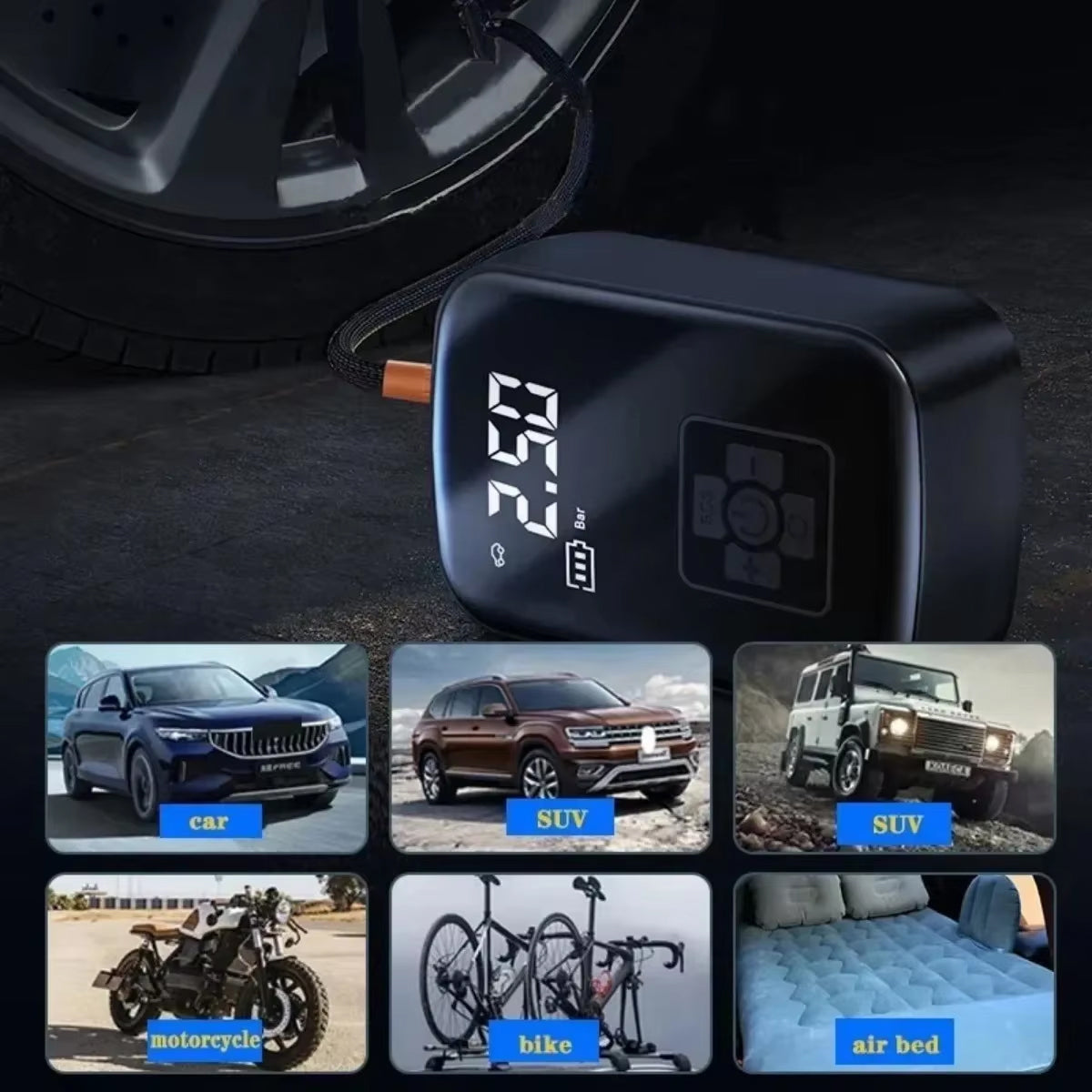 Draadloze Elektrische Bandenpomp met AI Drukregeling LED Verlichting voor Auto Motor Fiets Draagbare Compressor | Sansoti