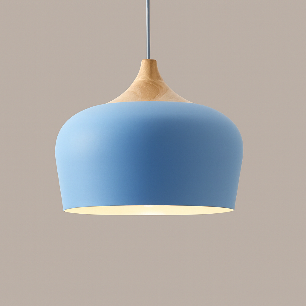 Pastelowa lampa wisząca z aluminium i drewna, retro, kopuła, kula E27, pokój dziecięcy, salon | Sansoti