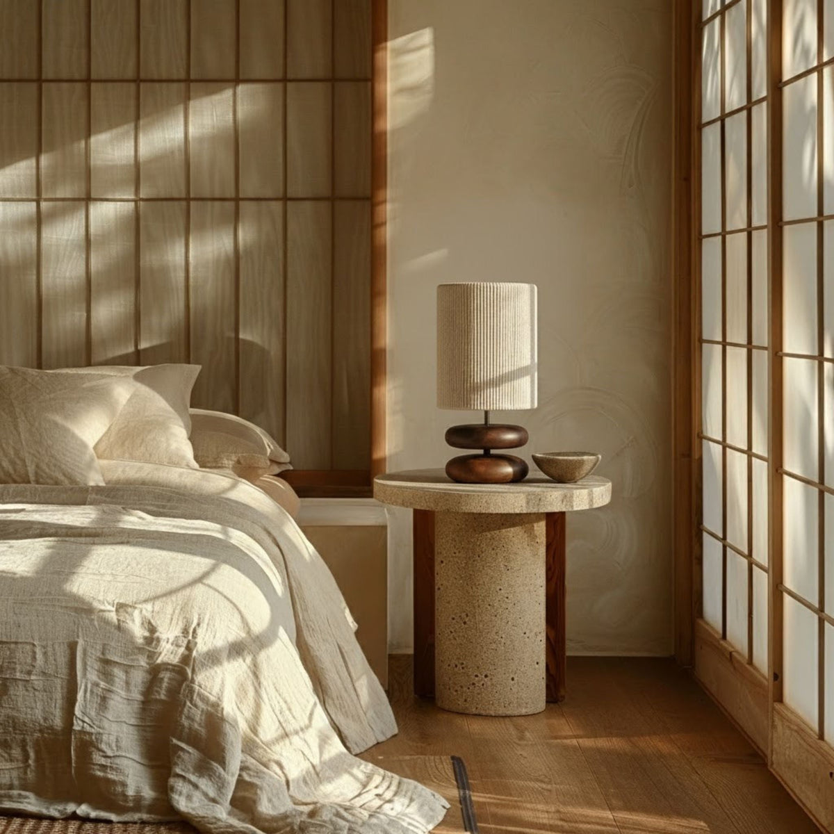 Tischlampe Holz Textil Dunkelbraun Rund Design Nachttisch | Sansoti