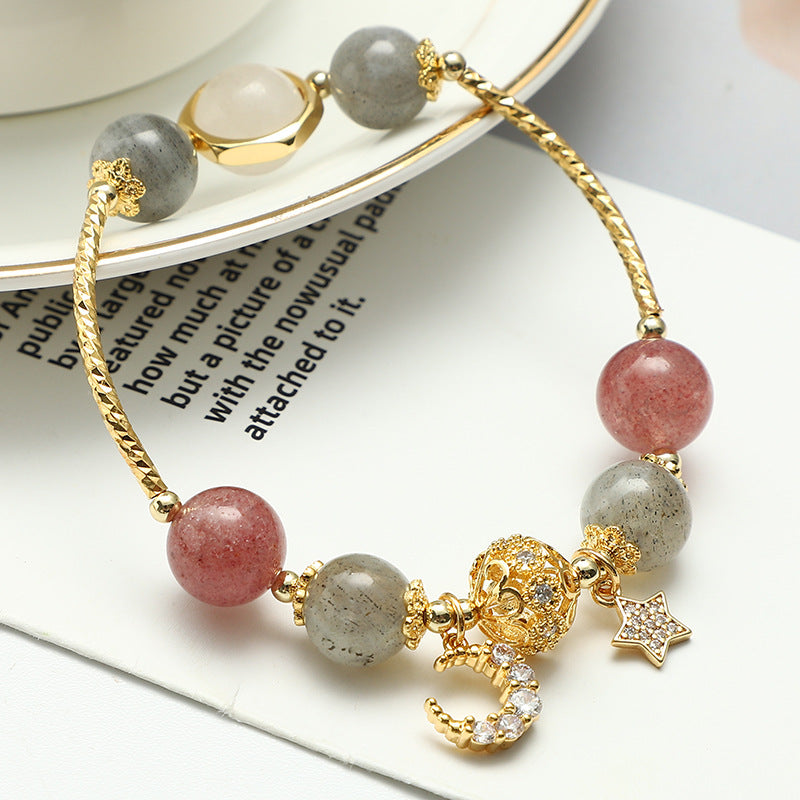 Gemstone Bracelet with Labradorite and Rose Quartz, Moon and Star Charm, Spiritual Crystal Jewelry, Yoga, Meditation | Sansoti