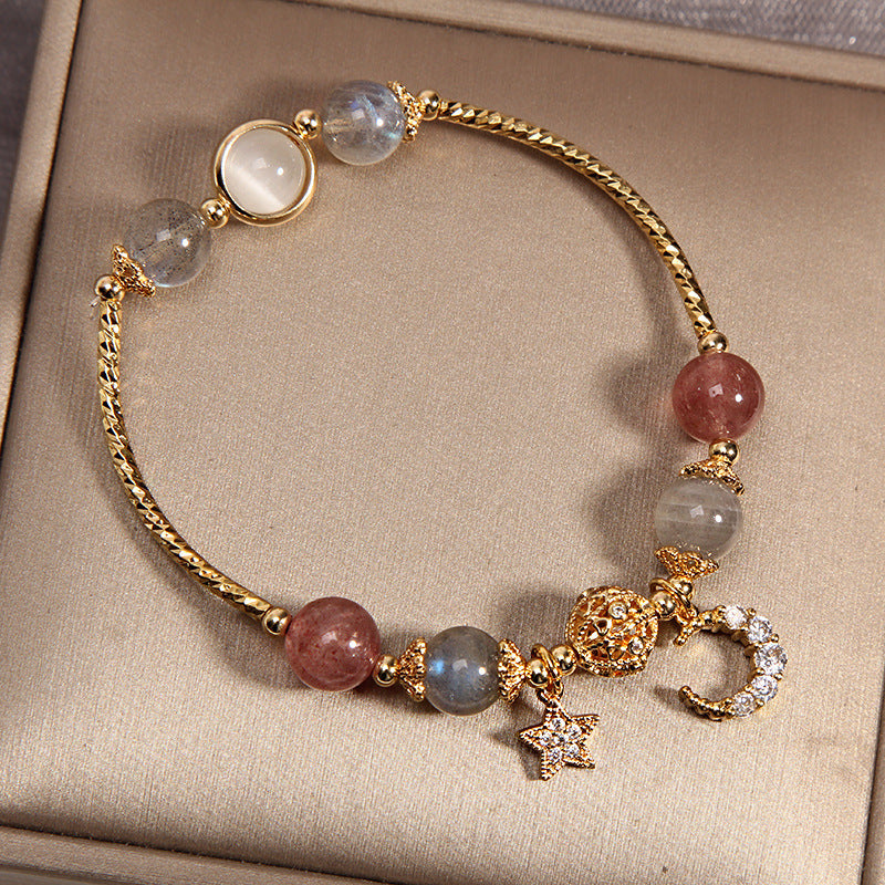 Gemstone Bracelet with Labradorite and Rose Quartz, Moon and Star Charm, Spiritual Crystal Jewelry, Yoga, Meditation | Sansoti