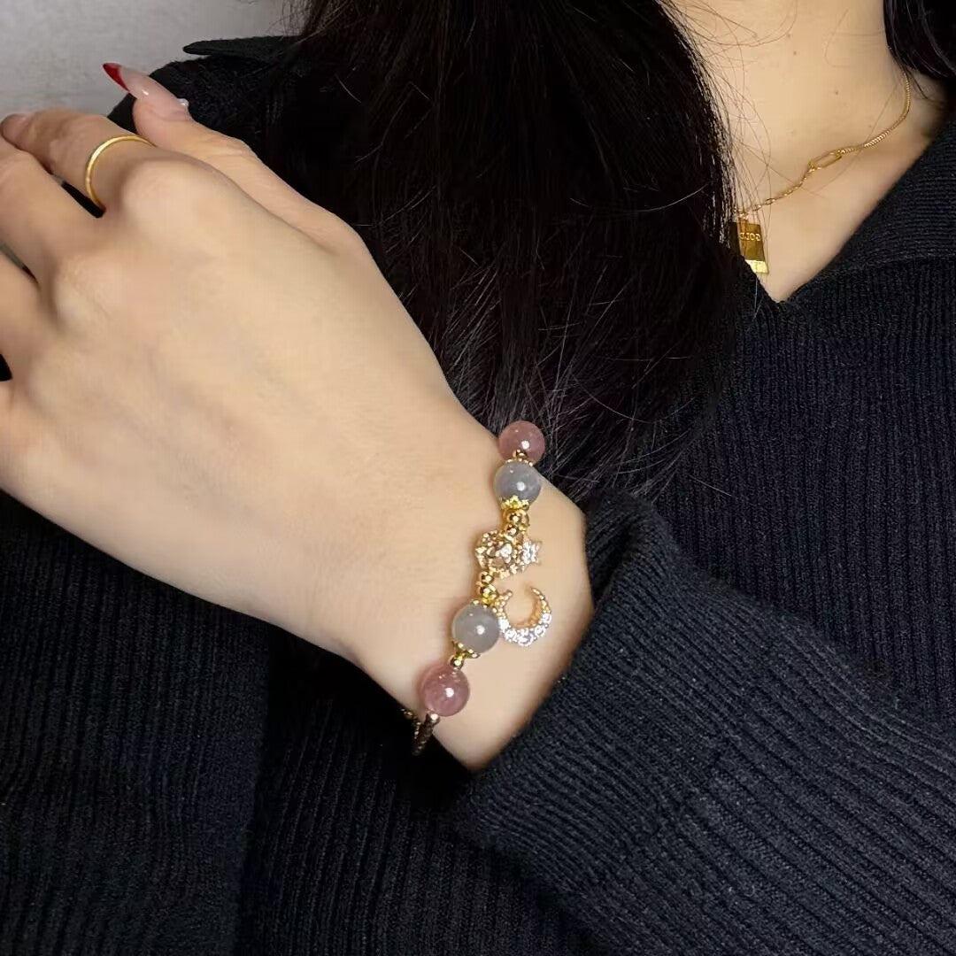 Edelsteen Armband Labradoriet Rozenkwarts met Maan Ster Bedel Spiritueel Kristal Sieraad Yoga Meditatie | Sansoti