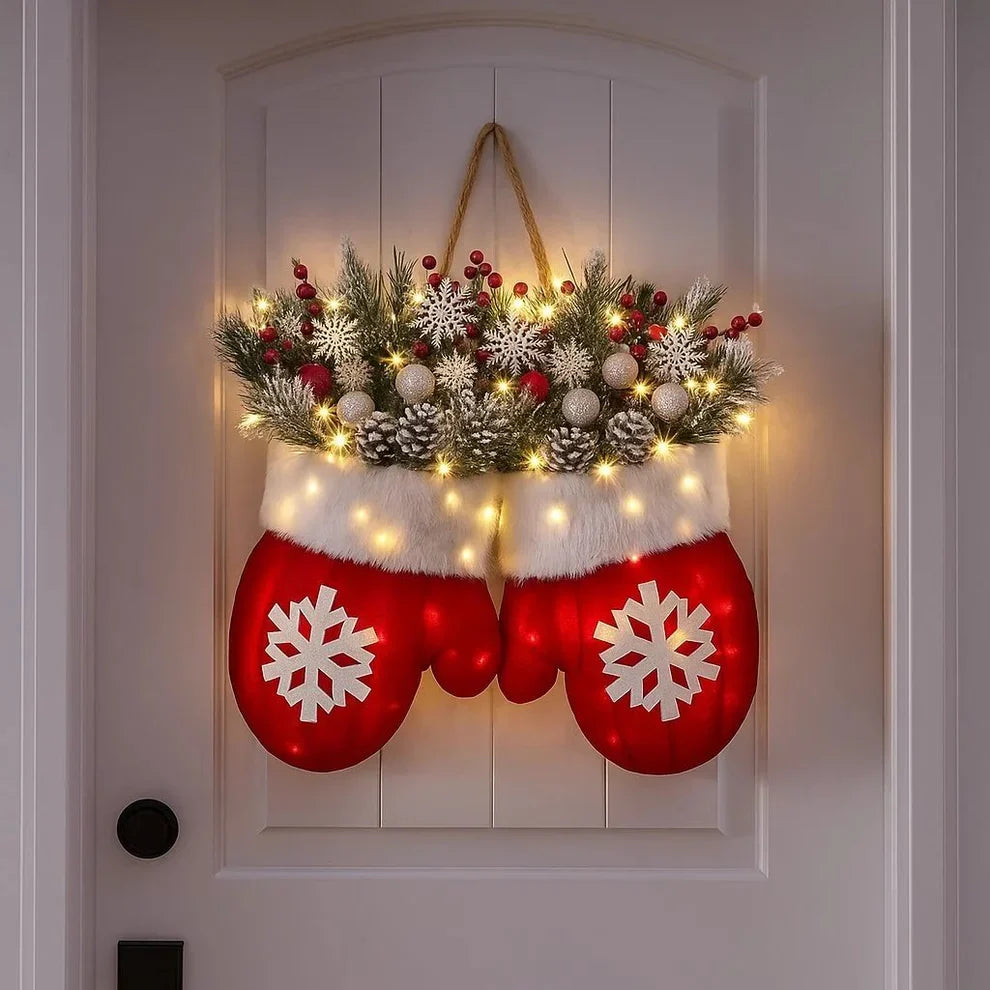 Verlichte Winterwanten Deurdecoratie 30x30cm Rood Pluche Kersthanger Dennentakken LED Warmwit Licht Kerst | Sansoti