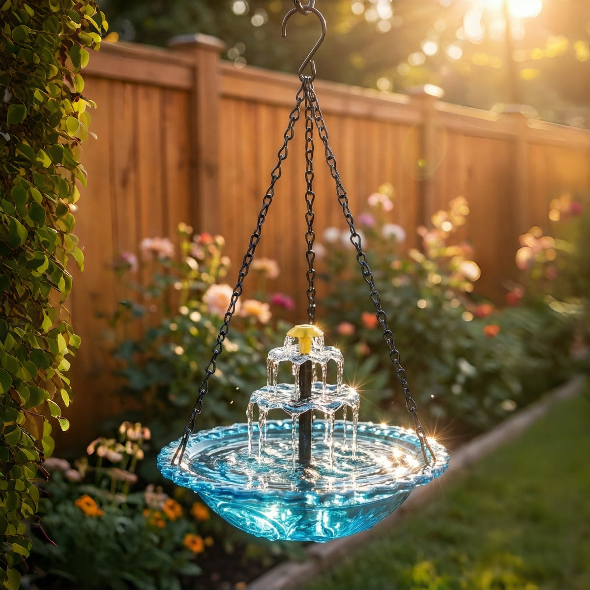 Bain d’oiseaux suspendu avec fontaine à eau solaire, deux niveaux, verre et métal pour jardin, terrasse, balcon | Sansoti