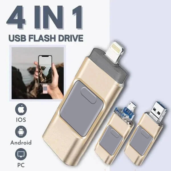 Clé USB 4-en-1 avec multiples connecteurs Noir Argent Or Rose pour smartphone, tablette, ordinateur portable, iPhone, Android | Transfert rapide de données, stockage universel compatible iOS, Windows, Mac, sauvegarde | Sansoti