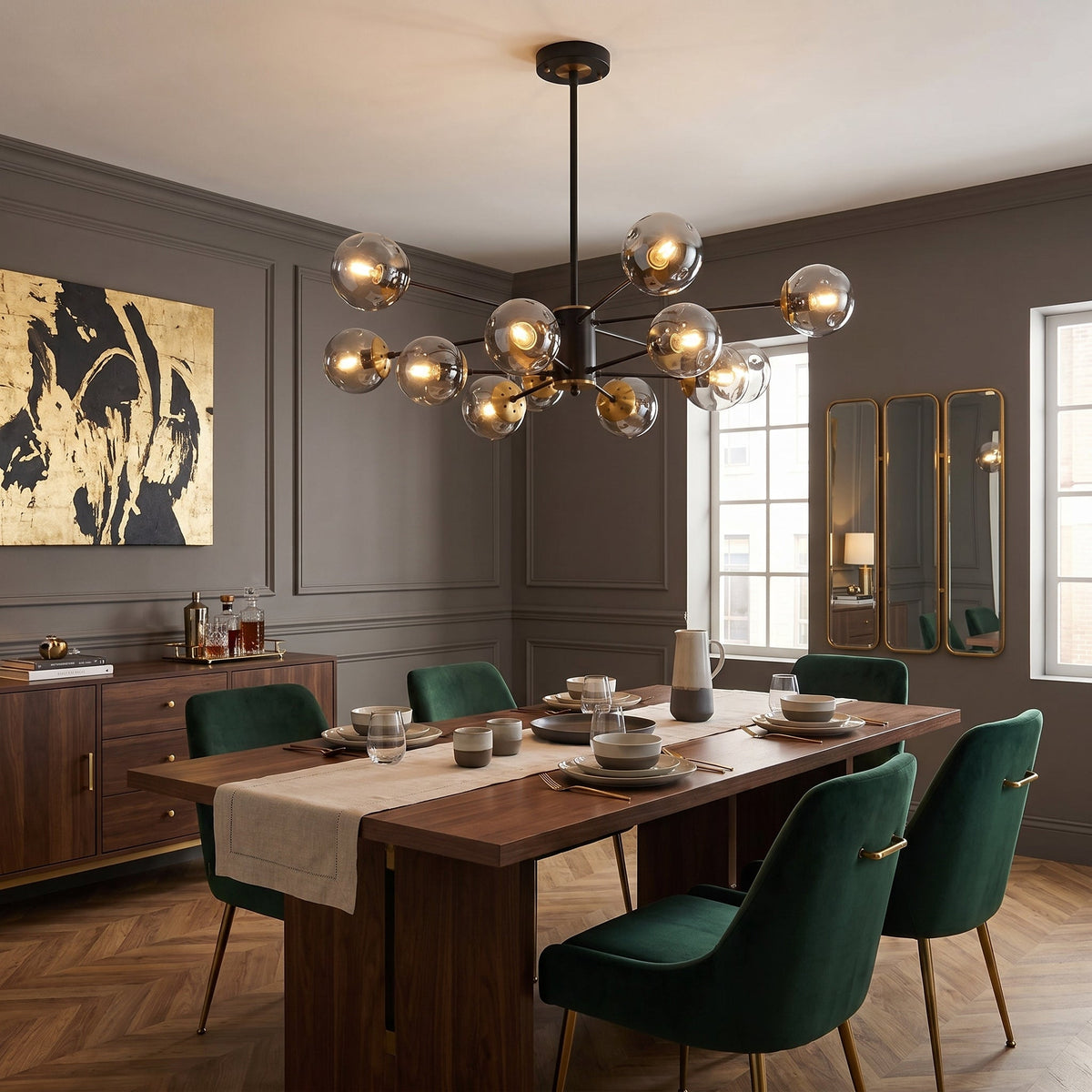 Glass Chandelier with Gold Details for Dining Room Living Room Bedroom Modern Pendant Light E26 Socket | Sansoti
