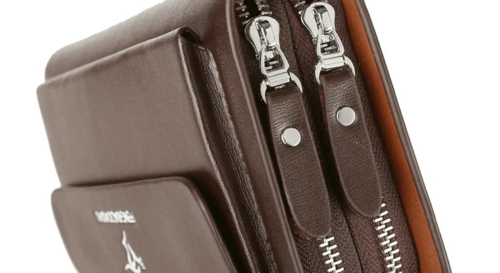 Kompakte Herren-Clutch mit Handschlaufe, Schwarz, Braun, Kunstleder, Fächer, Kartenetui, Portemonnaie, Organizer, Reißverschluss | Sansoti
