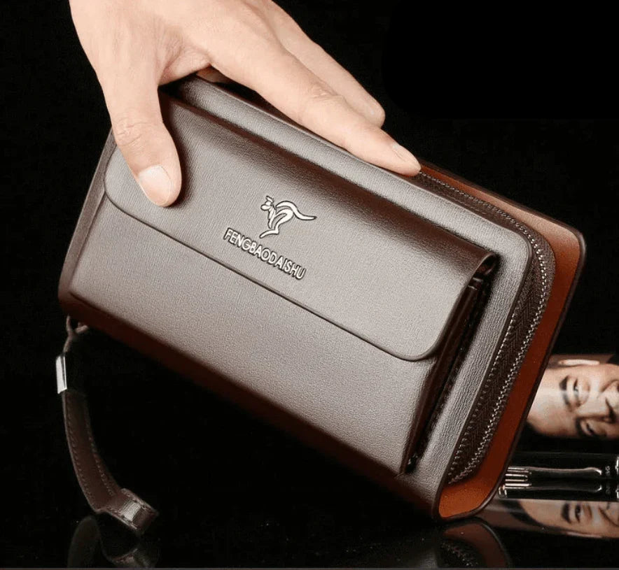 Kompakte Herren-Clutch mit Handschlaufe, Schwarz, Braun, Kunstleder, Fächer, Kartenetui, Portemonnaie, Organizer, Reißverschluss | Sansoti