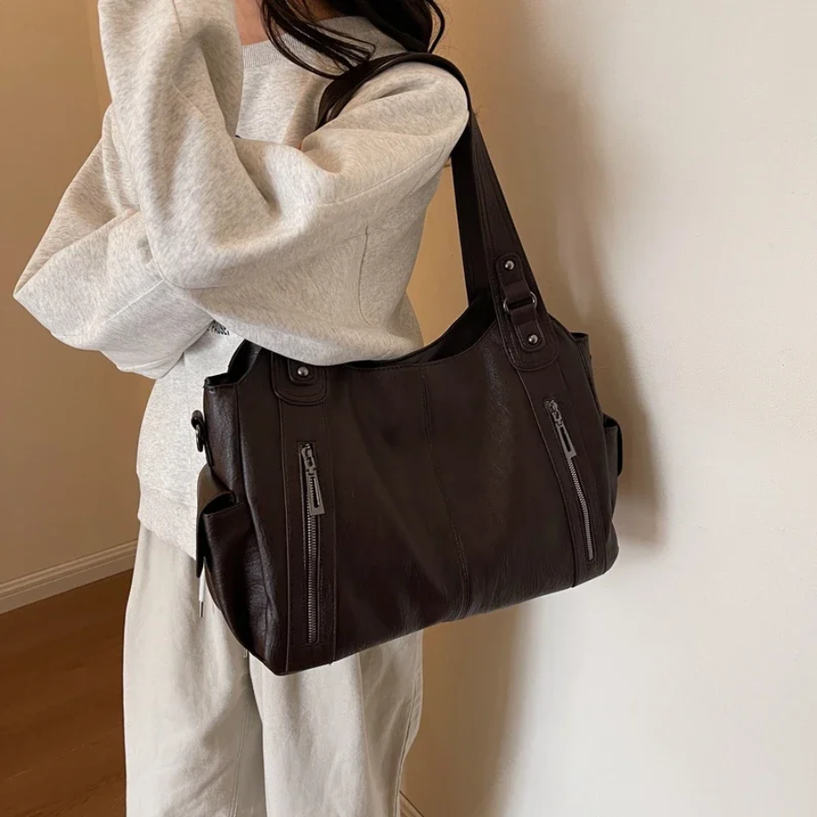 Dames Schoudertas met Ruim Interieur Zakken Cognac Zwart Espresso Werk Laptop Casual Reizen Dagelijks | Sansoti