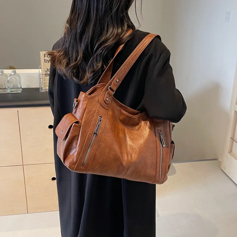 Dames Schoudertas met Ruim Interieur Zakken Cognac Zwart Espresso Werk Laptop Casual Reizen Dagelijks | Sansoti