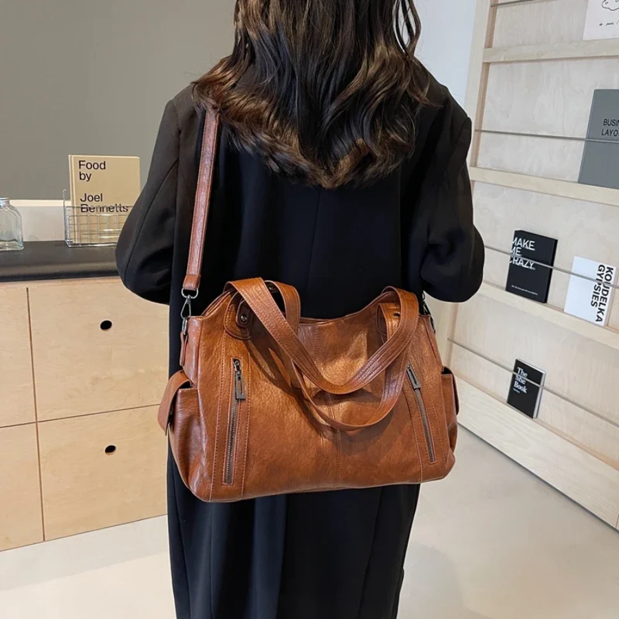 Dames Schoudertas met Ruim Interieur Zakken Cognac Zwart Espresso Werk Laptop Casual Reizen Dagelijks | Sansoti