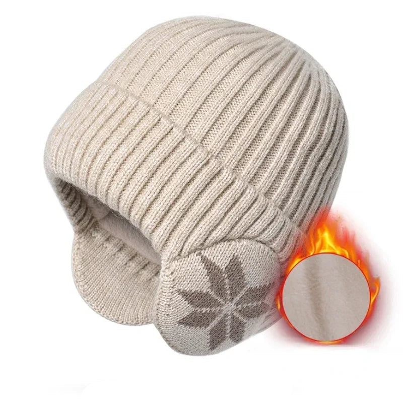 Knitted Winter Hat with Ear Flaps Unisex Warm Beanie Soft Lining Snowflake Pattern Winter Sports | Sansoti