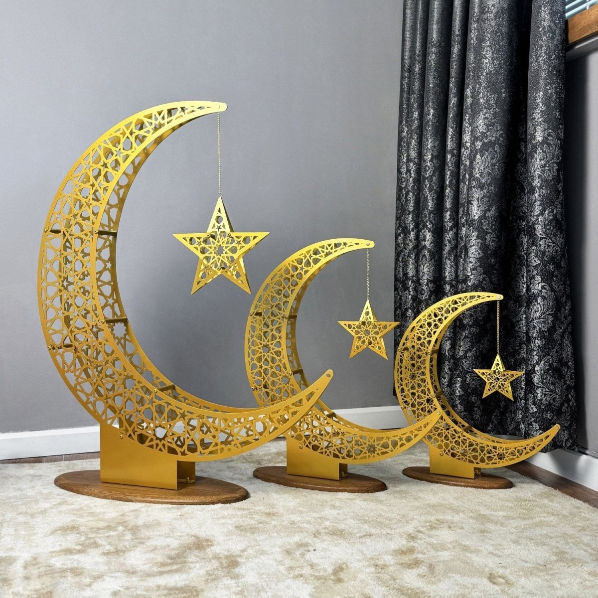 Islamic Moon & Star Wall Decoration — Metal Ramadan Ornament in Gold or Black | Sansoti