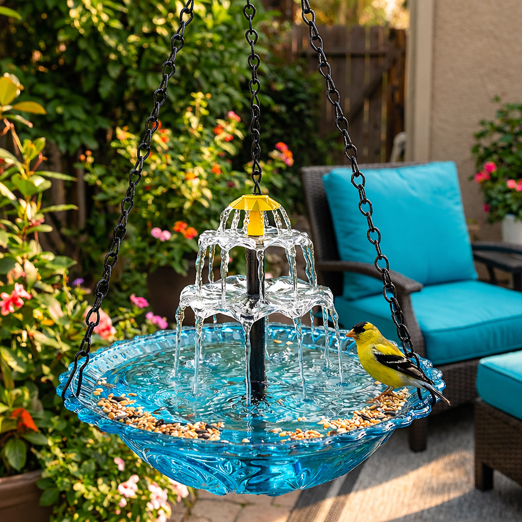 Hängender Sonnenvogel-Trinkbrunnen Glas 2-stufig 25,5cm Garten Terrasse Balkon Solar Kabellos Vogelbad Wasserfall Blau Rosa Schwarz | Sansoti