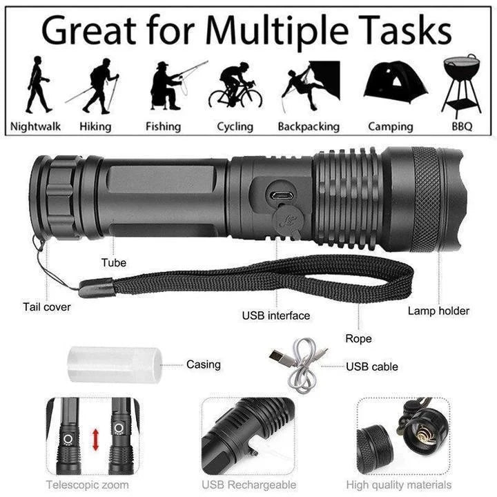 Lampe torche LED rechargeable de 90 000 lumens, télescopique, USB, en aluminium, étanche, pour l’extérieur, le camping et la chasse | Sansoti