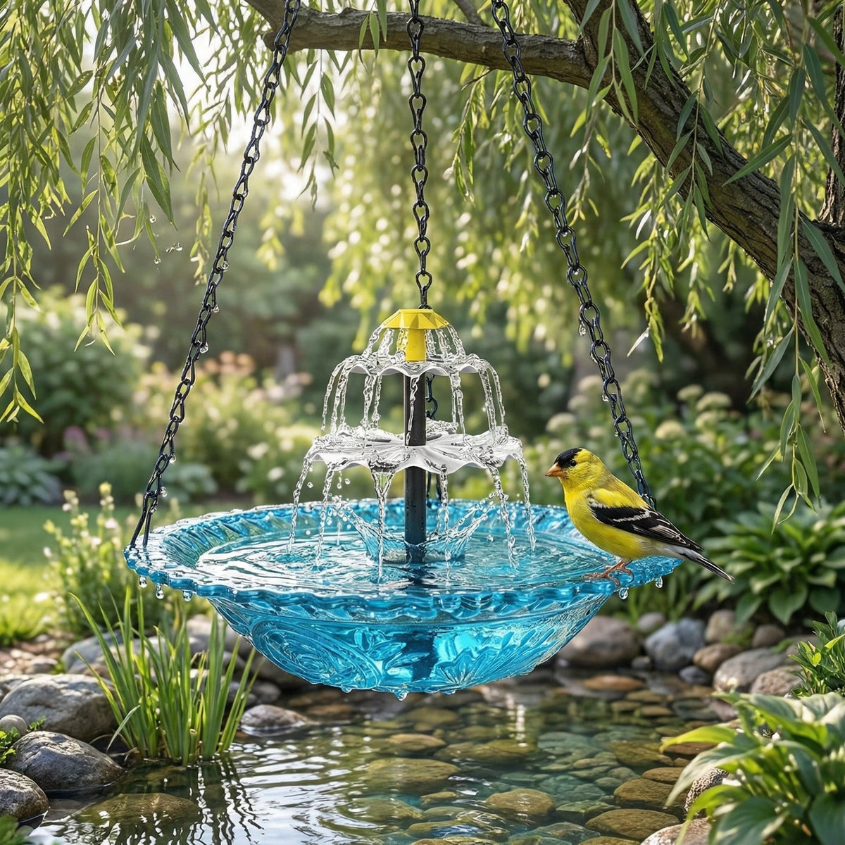 Hängender Sonnenbrunnen mit zweistufigem Wasserfall und Glasschale | Sansoti