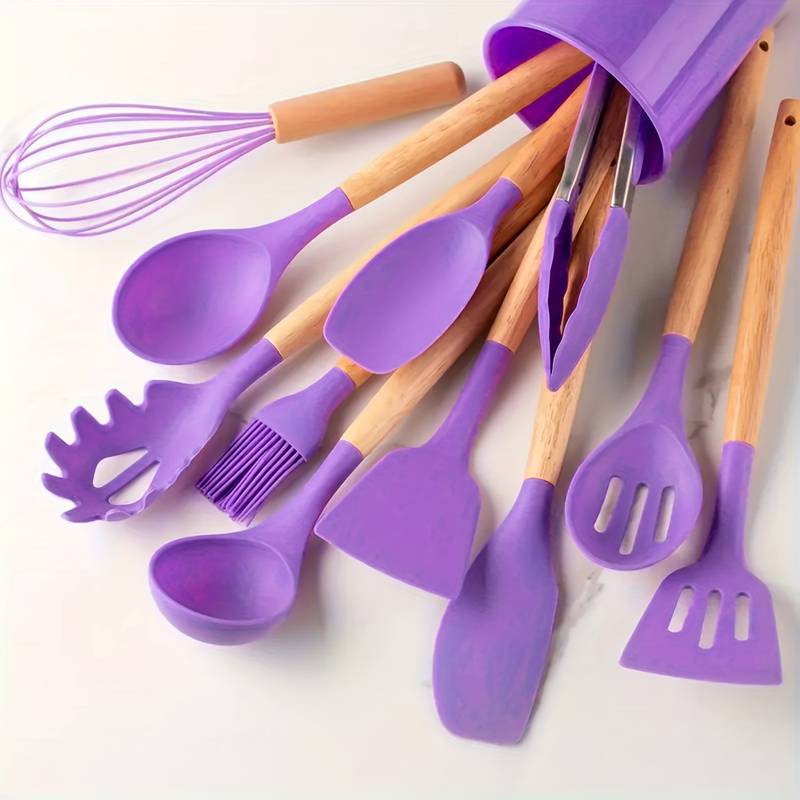12-Piece Kitchen Utensil Set Silicone Wood Accent Heat-Resistant 230°C Non-Stick Cooking Spoons Spatula Kitchen | Sansoti