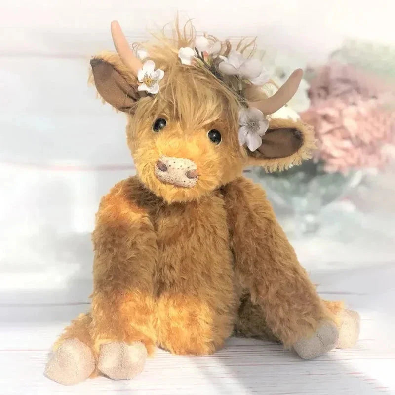 Highland Cow Plush Toy with Flower Crown Handmade Alpaca Wool Decorative Figurine 25cm Scottish Cow Home Accessory | Sansoti