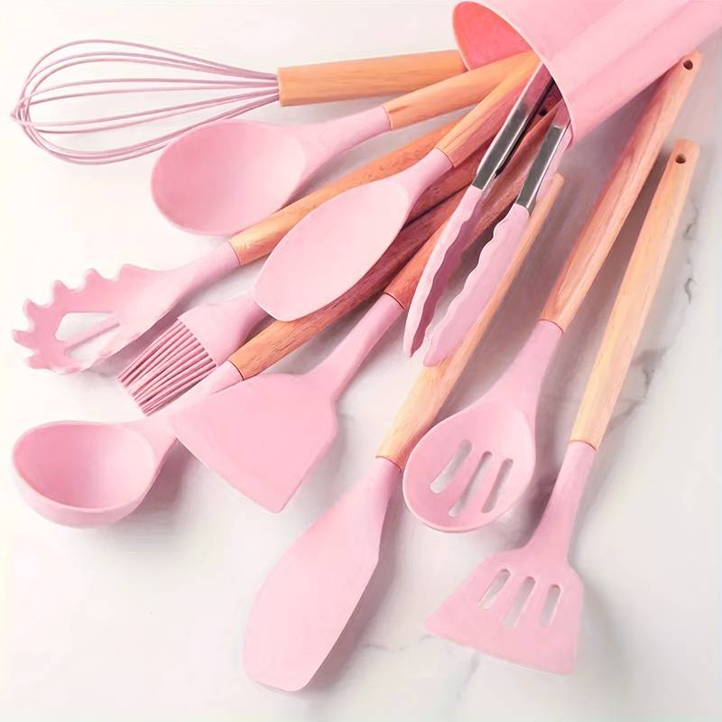 12-Piece Kitchen Utensil Set Silicone Wood Accent Heat-Resistant 230°C Non-Stick Cooking Spoons Spatula Kitchen | Sansoti