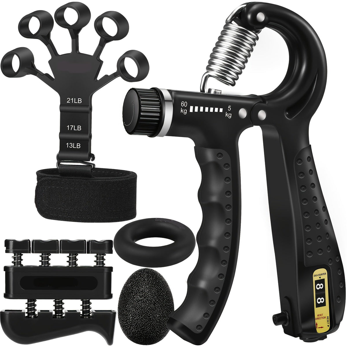 Handtrainer Set 5-in-1 für starke Finger und Unterarme – Verstellbar mit Trainingsring und Knetball | Sansoti