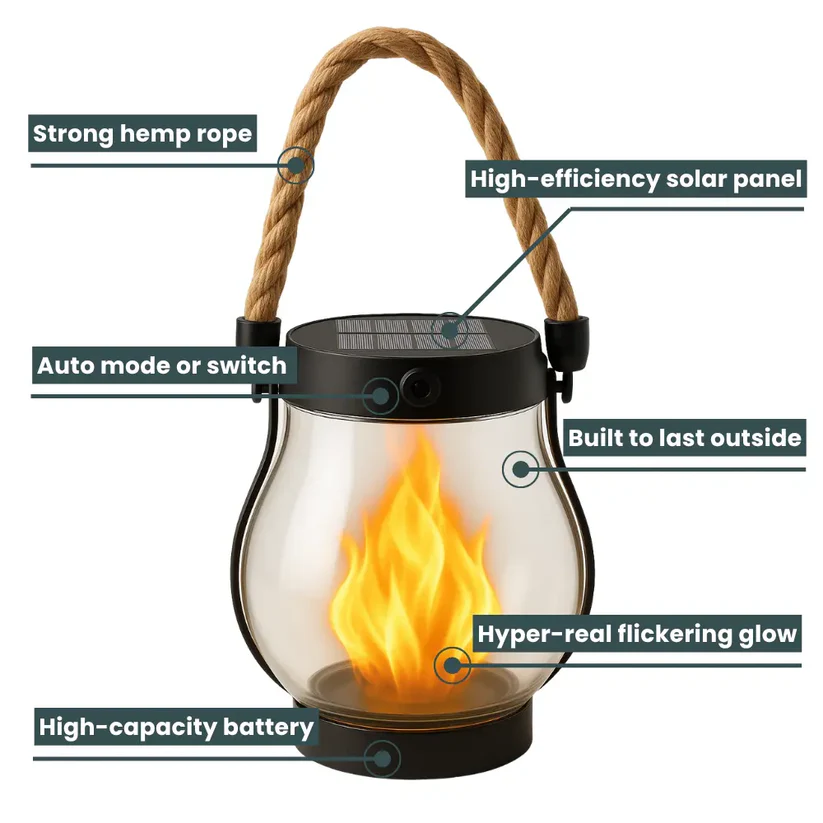 Solar Garden Lantern with Flickering Flame Effect Outdoor Lighting Rechargeable Decorative Metal Bronze Garden | Sansoti