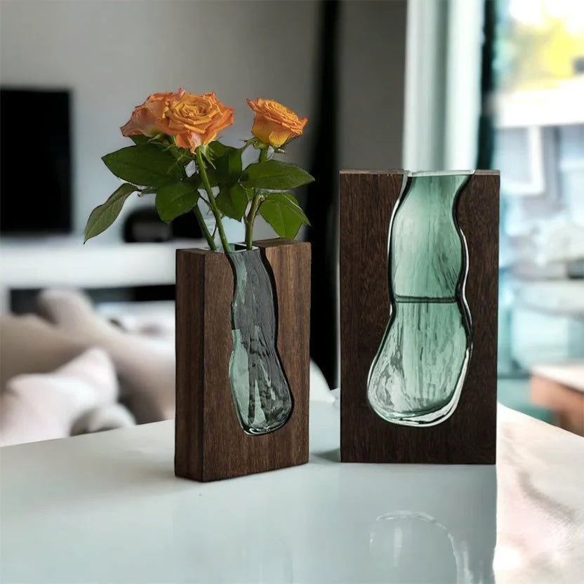 Glasvase mit natürlichem Holzrand im Live-Edge-Stil Skandinavisches Design dekorativ für Blumen | Sansoti