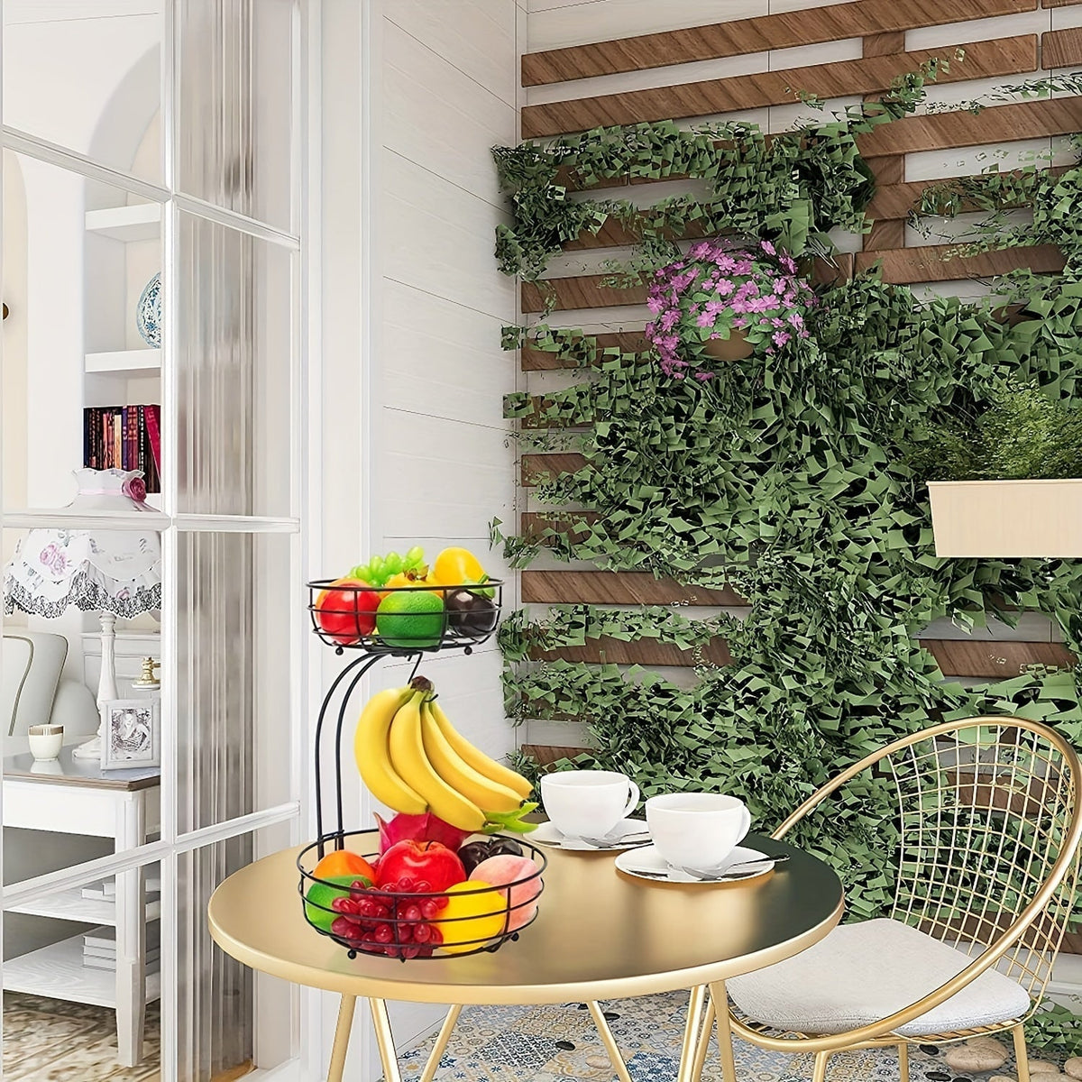 2-tier fruit basket with metal banana holder for kitchen, countertop, and storage | Sansoti