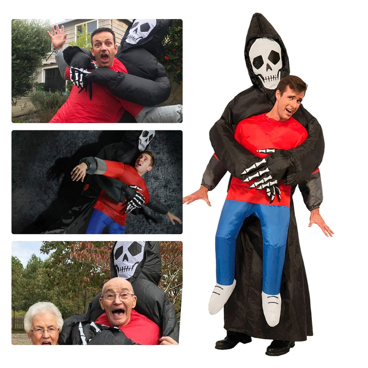 Opblaasbaar Magere Hein Kostuum met Capuchon Halloween Feest Outfit Volwassenen Doodskop Zwart Carnaval | Sansoti