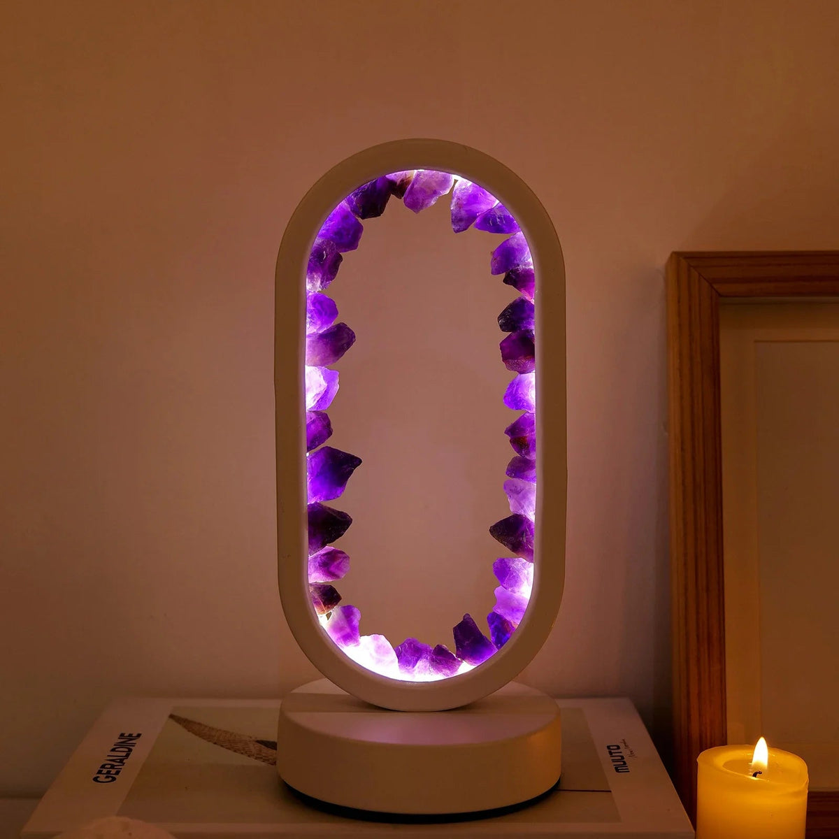Table Lamp Amethyst Handmade Natural Crystal LED E14 Purple Pink Atmosphere Bedroom Meditation Yoga Relaxing Decoration Inner Peace | Sansoti