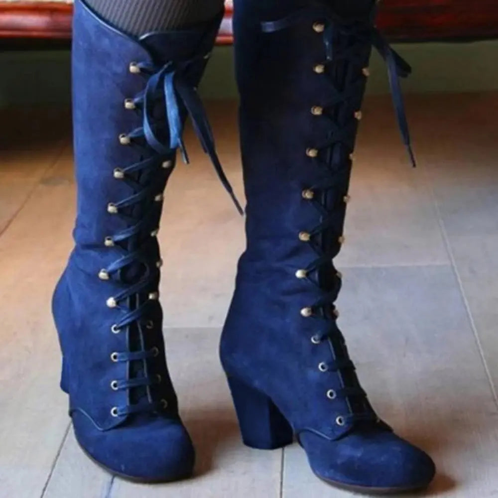 Kniehoge Dames Laarzen Spitse Neus Hoge Hak Strik Wolvilt Zwart Blauw Bruin Winterschoeisel Elegant Warm | Sansoti