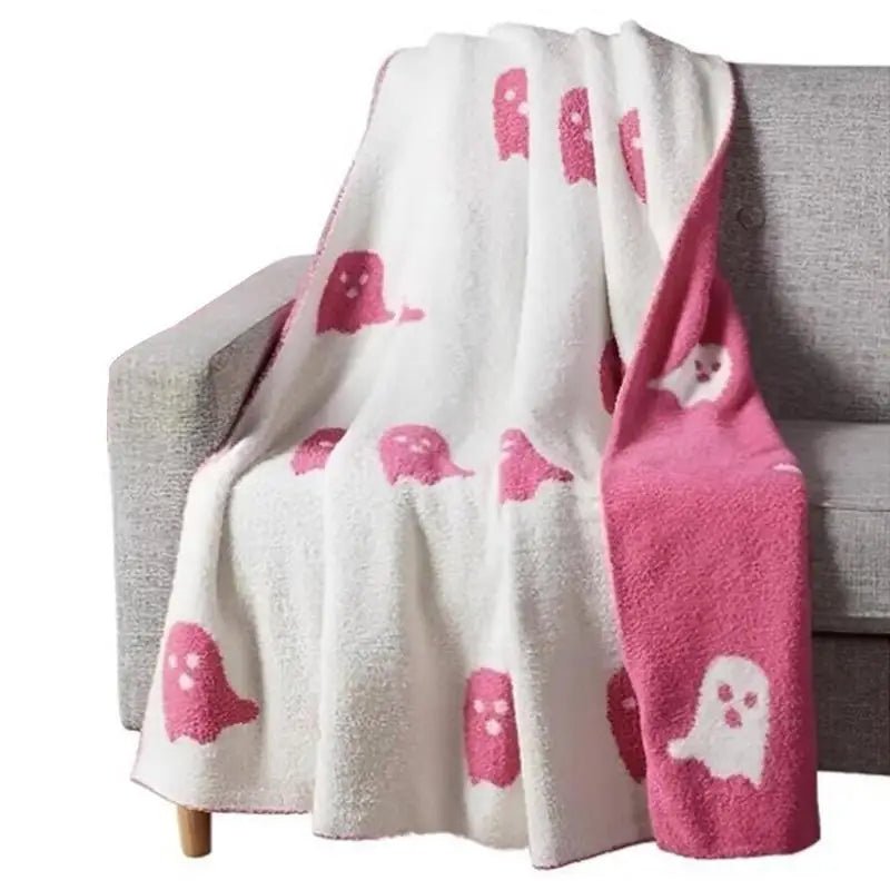 Dubbelzijdige Chenille Plaid Roze Spoken Halloween Patroon Warmte Deken Bank Bed Decoratief Comfortabel | Sansoti
