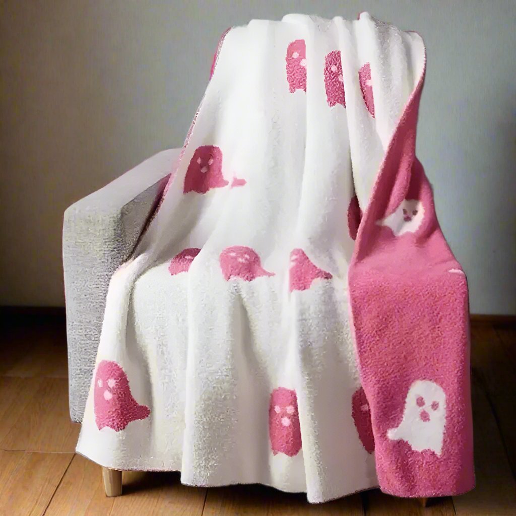 Double-Sided Chenille Throw Pink Ghosts Halloween Pattern Warm Blanket Sofa Bed Decorative Comfortable | Sansoti